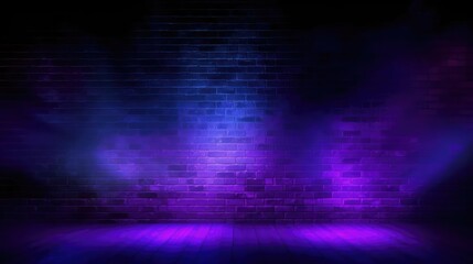 Brick wall texture pattern blue and purple background an empty dark scene laser beams neon spotlights reflection on the floor and - obrazy, fototapety, plakaty
