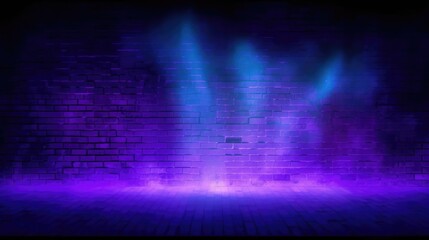 Brick wall texture pattern blue and purple background an empty dark scene laser beams neon...