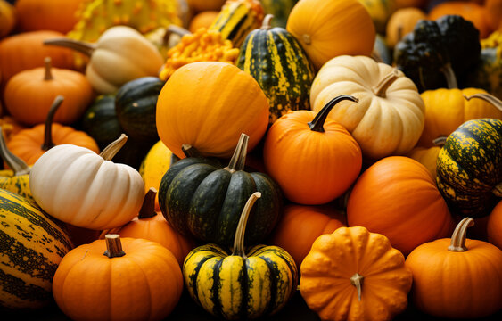 Colorful pumpkins and gourds on autumn market. Generative AI