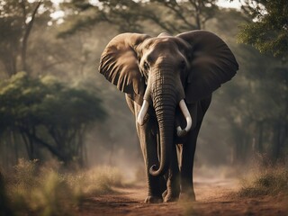 Portrait of male African elephant at forest

