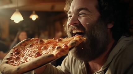 Image of a man taking a large bite of pizza.