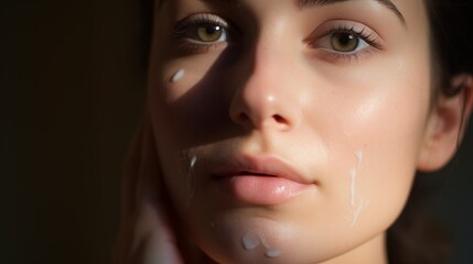 A close-up image of a woman's face, highlighting her skincare routine.