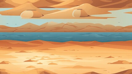 Fototapeta na wymiar a painting of a desert landscape with mountains and a body of water in the foreground and a blue sky in the background. generative ai