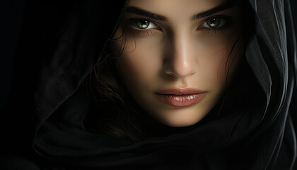 Naklejka premium Beautiful woman with brown hair and serious, mysterious eyes generated by AI