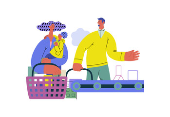 Mutual Support: Skip ahead in line -modern flat vector concept illustration of man letting woman with child go ahead in shop checkout line A metaphor of voluntary, collaborative exchanges of services