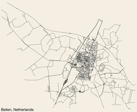 Detailed hand-drawn navigational urban street roads map of the Dutch city of BEILEN, NETHERLANDS with solid road lines and name tag on vintage background
