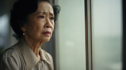 An elderly sad woman looking out of a window at something. Generative AI.