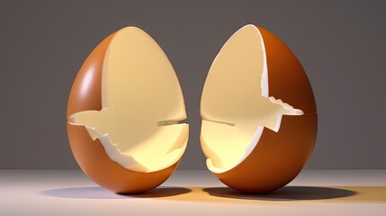 an egg shell with a cut in half of it sitting on top of a white table next to a gray wall.  generative ai