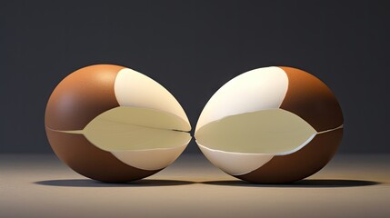  a brown and white egg sitting on top of a table next to a brown and white egg with a leaf sticking out of it.  generative ai