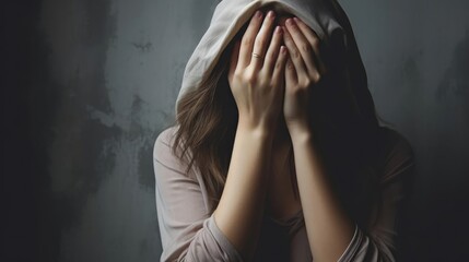 Exhausted mother covering her face in distress With copyspace for text 