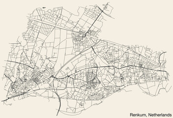 Fototapeta na wymiar Detailed hand-drawn navigational urban street roads map of the Dutch city of RENKUM, NETHERLANDS with solid road lines and name tag on vintage background