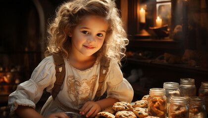 Smiling girl enjoying homemade cookies in cheerful kitchen celebration generated by AI