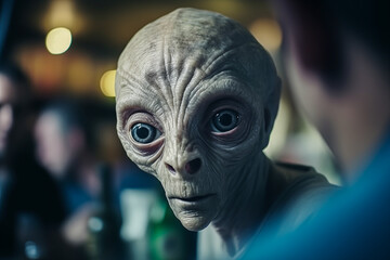 alien close-up, extraterrestrial life, inhabitant of another planet in a cafe on earth