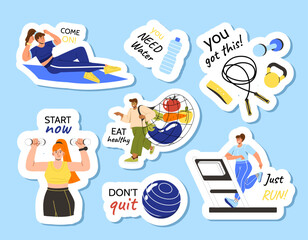Fitness stickers set. You need water, eat healthy. Active lifestyle and sport, training and diet. Start now and just run. Cartoon flat vector collection isolated on blue background