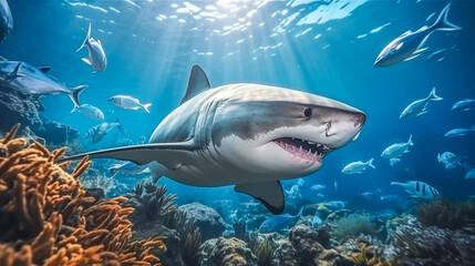 Great White Shark (Carcharodon carcharias). Picture shows a great white shark at the coral reef in the Red Sea