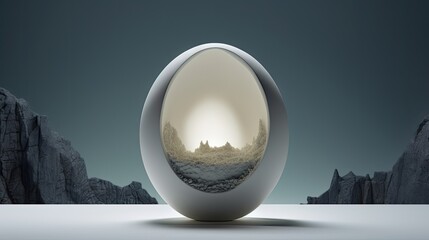  an egg sitting on top of a table with a reflection of a mountain in the egg's egg shell.  generative ai