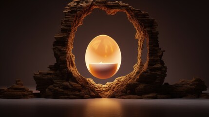  an egg sitting inside of a stone structure with a lit candle in the middle of the egg, on a dark background.  generative ai