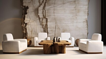 Four white armchairs near natural wood live edge coffee table against wall with stone paneling decor Minimalist home interior