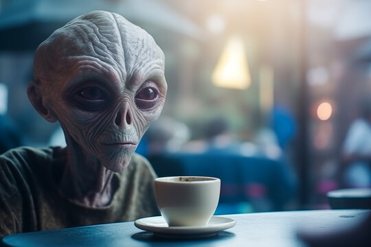 alien close-up, extraterrestrial life, inhabitant of another planet in a cafe on earth