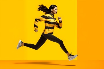 Fototapeta na wymiar a woman running in a yellow and black striped jacket