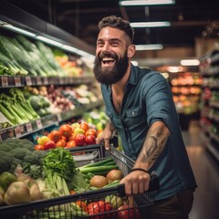 Close-up shot of a happy man with a shopping cart full of vegetables
 - obrazy, fototapety, plakaty