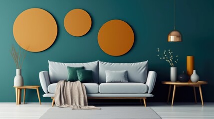 Grey sofa against dark teal wall with decorative circles as wall decor Midcentury scandinavian home interior design of modern