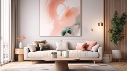 Grey sofa with pink pillows and blanket against white wall with abstract art poster Interior design of modern living room Created