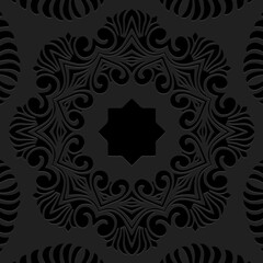 Embossed black background, cover design. Boho style, handmade. Geometric ethnic vintage 3D pattern, mandala. Frame, place for text. Ornaments of the East, Asia, India, Mexico, Aztec, Peru.