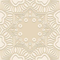 Embossed, light beige background, cover design. Boho style, handmade. Geometric ethnic vintage 3D pattern, frame, place for text. Ornaments of the East, Asia, India, Mexico, Aztec, Peru.