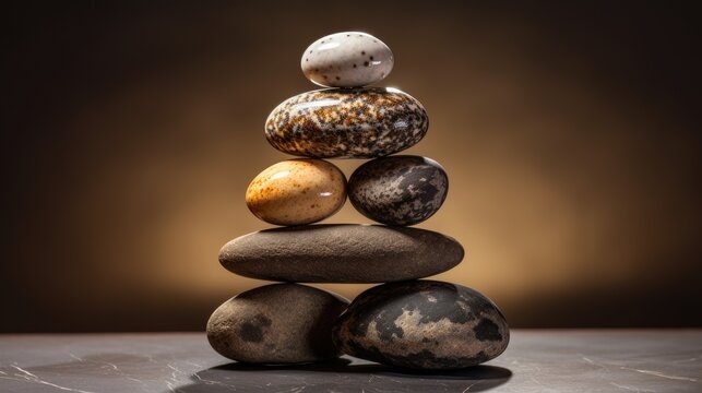  a stack of rocks sitting on top of each other in front of a black and white background with a light in the background.  generative ai