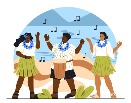 Hawaiian party concept. Man with drum and women in traditional clothes. Holiday in tropical and exotic country. Musician and dancers. Cartoon flat vector illustration isolated on white background