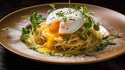  a plate of spaghetti with an egg on top of it and sprouts of leaves on top of it.  generative ai
