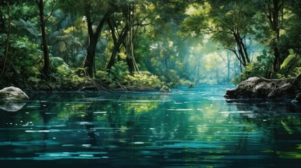  a painting of a river in the middle of a forest with rocks and trees on both sides of the river.  generative ai