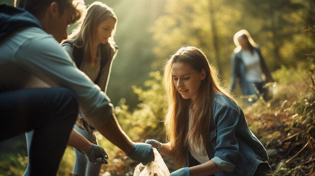 Friends collecting plastic pollution from forest.