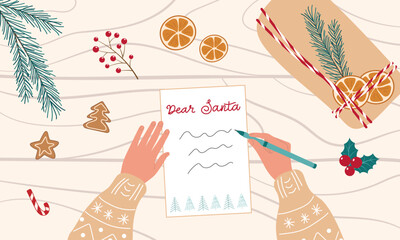 Writing letter to Santa Claus. Xmas Eve. Preparing for Christmas New Year. Winter cute holiday background with natural decoration. Top view flat design illustration