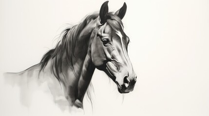  a black and white drawing of a horse's head with long manes and a black and white background.  generative ai