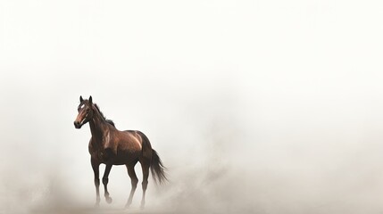 a brown horse standing in the middle of a foggy field with its head turned to look like it is galloping.  generative ai