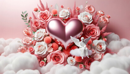 Festive card  with angel, flowers and hearts for Valentine's Day on a light pink background