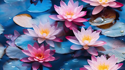  a group of pink water lilies floating on top of a body of water with lily pads on the bottom of the water.  generative ai