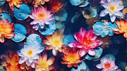 Foto op Canvas  a group of water lilies floating on top of a pool of water with drops of water on top of them.  generative ai © Anna