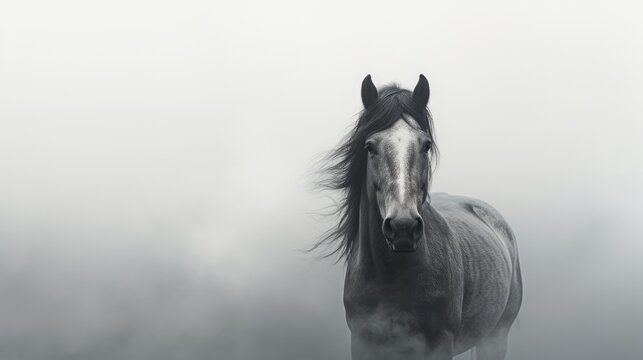  a black and white photo of a horse on a foggy day with a black and white photo of a black and white horse.  generative ai