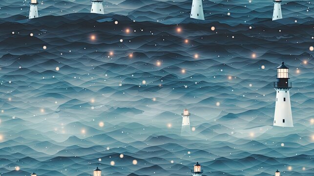  a painting of a lighthouse in the middle of the ocean with a lot of lights on the top of it.  generative ai
