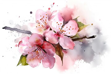 Sakura on white background. Watercolor cherry bud. Cherry blossom flower blooming vector. Pink sakura flower background. Cherry blossom branch with sakura flower. Watercolor cherry blossom vector
