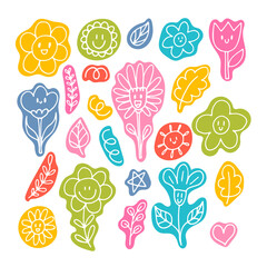 Cute hand drawn happy flowers. Doodle. Funny faces. Floral design elements. Outline