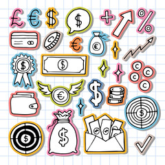 Hand drawn business icons. Finance, money, investment, strategy. Doodle, sketch design. Stickers