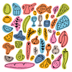 Hand drawn set of different food and drinks. Doodle style. Healthy food ingredients - obrazy, fototapety, plakaty