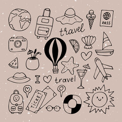 Hand drawn set of traveling icons. Holiday, vacation, travel journey. Summer collection. Design elements