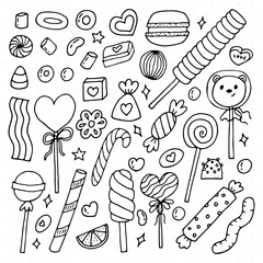 Hand drawn set of sweets and candies. Desserts, chocolate, macaroons, marshmallow. Doodle style. Sweet food