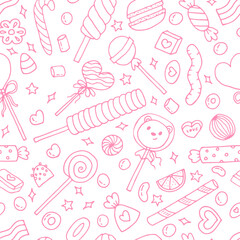 Seamless doodle pattern with candies, sweets and lollipops. Hand drawn background. Great for fabric, textile, wrapping paper