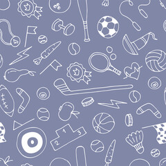 Sport doodle hand drawn seamless pattern. Sport equipments. Fitness, healthy lifestyle